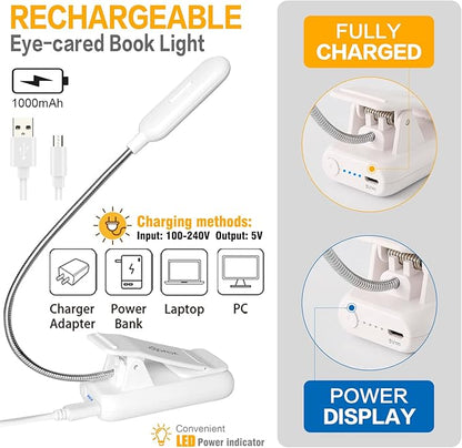 VAVOFO Clip On Rechargeable Reading Light, 7 LEDs with 3 Colortemperature 9 Brightness Levels Book Lights for Reading in Bed with Power Indicator for Bookworms Black (2-Pack White)