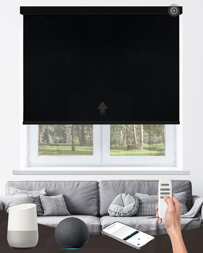 Motorized Roller Shade with Remote Control, 100% Blackout Electric 21-110” Width Blinds for Windows with Alexa Google Home, Rechargeable Smart Automatic Customized Size（Waterproof-Black）