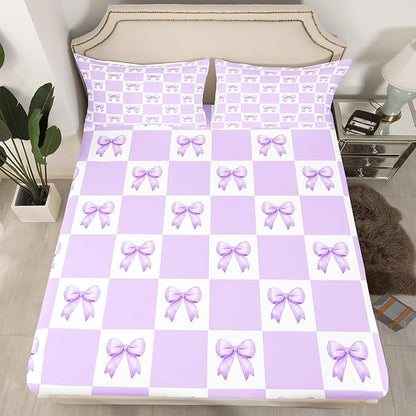 Princess Bowknot Fitted Sheet Queen Size Dreamy Purple Bow-tie Girly Bow Bedding Sheet Set,Geometric Grids Plaids Patchwork Purple White Bed Cover Ultra Soft Breathable Bedding 3 Pcs