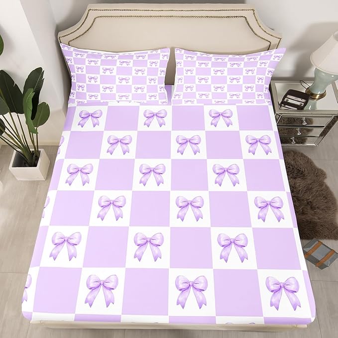 Princess Bowknot Fitted Sheet,Full Size Dreamy Purple Bow-tie Girly Bow Collections,Geometric Grids Plaids Patchwork Purple White Bedding Deep Pocket for Girls Young with 2 Pillowcases