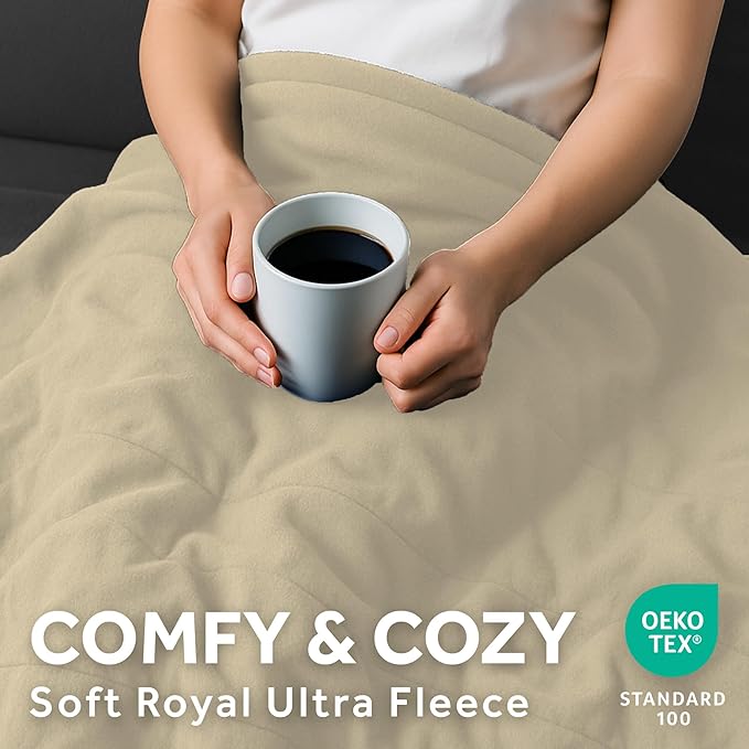 Sunbeam Royal Ultra Fleece Heated Electric Blanket Queen Size, 90" x 84", 12 Heat Settings, 12-Hour Selectable Auto Shut-Off, Fast Heating, Machine Washable, Warm and Cozy, Pebble