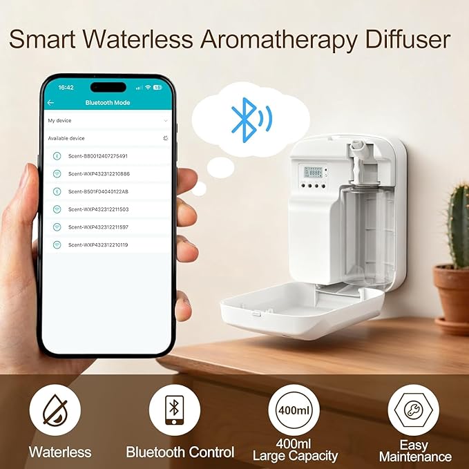 Waterless Essential Oil Diffuser, 2500 Sq.Ft Coverage, Bluetooth App Control, No-Noise Wall-Mounted Aroma Diffuser, 400ml, Perfect for Home, Hotel & Office, Valentines Day Gift, White