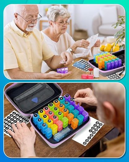 Monthly Pill Organizer 3 Times a Day with Weekly Pill Bags, Portable Hard Shell Case, Pill Cutter & Opener Pick, Monthly and Weekly Stickers for Medication Management (Purple, 3 Times a Day)
