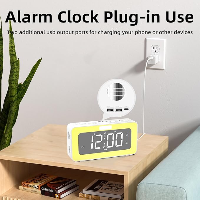 Cooluck Digital Alarm Clock for Bedrooms, Loud Dual Alarm for Heavy Sleepers, Large Display Desk Clock with 7 LED Night Lights, Nature Sounds, for Adults, Teens, Home or Office (White)