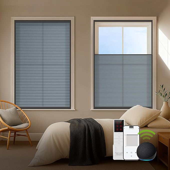 ZSTARR Motorized Skylight Shades Blackout Cellular Honeycomb Electric Blinds with Solar Panel Cordless Rechargeable with Remote for Roof and Slanted Windows Custom Size (LF Grey)