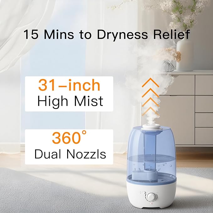 MEGAWISE Cool Mist Humidifier for Kid bedroom with 3.2L Large Capacity, No leakage Design Fine Mist Output Auto Shutoff, Essential Oil Safe Tank (White)