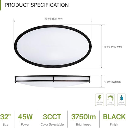 ASD LED 32" Oval Flush Mount Lighting, Close to Ceiling Light Fixture | 3CCT, Dimmable, Energy Star, ETL Listed | 45W 3750LM 3000-5000K 100-277V | Low Profile Double Ring Lamp | Black