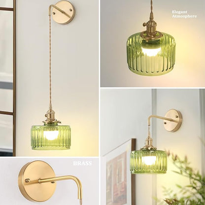 Battery Operated Wall Sconce with Green Striped Shade Pattern Glass Adjustable Chain Retro Gold Wall Mounted Light, Modern Wall Decor for Bedside Bedroom Indoor Doorway， Set of 2