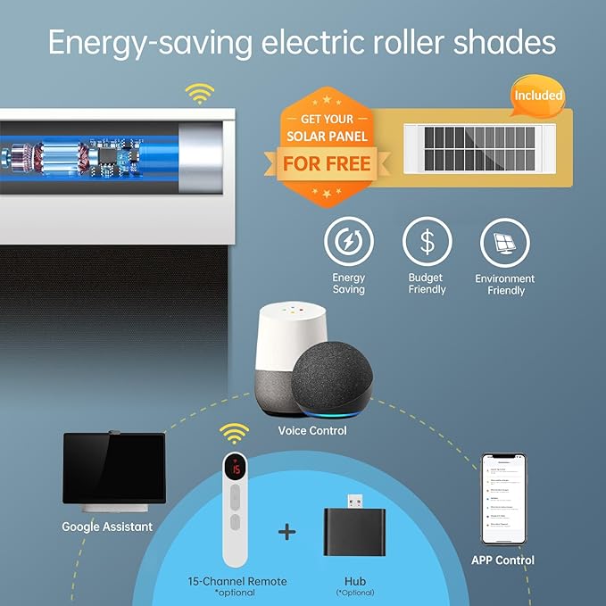 DENFOON Motorized Blinds with Remote,Thermal Electric Blinds【Solar Panel】,Customizable Automatic RollerShades, Blackout Remote Control Blinds for WindowsUpgrade to Smart Blinds, Black, 32''W×72''H