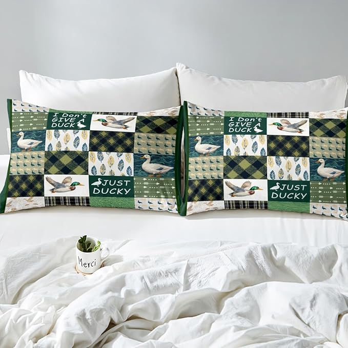 Mallard Duck Kids Fitted Sheet Queen Size,Geometric Grids Arrows Patch Bedding Set,Boys Girls Room Decor,Hunting Animal Wildlife Rustic Cabin Bed Cover,Green Bed Sheet,2 Pillowcases(No Top Sheet)
