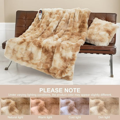 Faux Fur Heated Blanket Full Size 72"X84" - Bubble Faux Fur Electric Blanket Fluffy Soft Fuzzy with 6 Fast Heating Levels & 10 hrs Timer Settings, Washable & ETL Certified for Bed, Tie-Dye Beige
