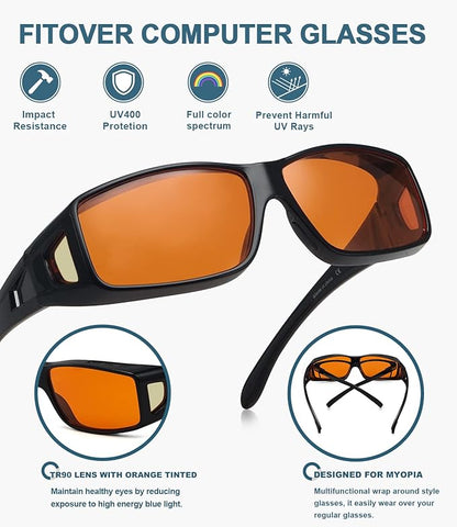 BLUELESS Fitover Glasses for Computer Blue Blocking with Orange Tinted Sleep Glasses, Tortoise