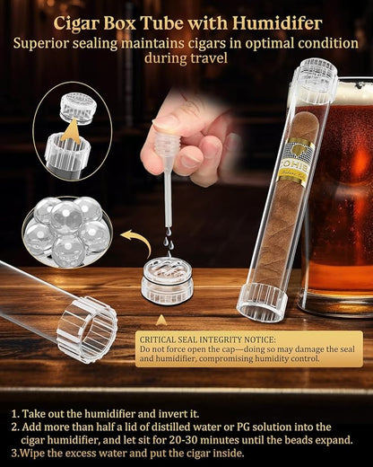 Cigar Tubes, Travel Cigar Humidor with Humidifier, Portable Detachable Storage Tube with Cigar Holder, Ring Guage 57, Airtight Case,4-Piece Gift Set for Men