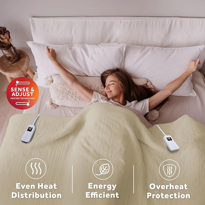 Sunbeam Royal Ultra Fleece Heated Electric Blanket Queen Size, 90" x 84", 12 Heat Settings, 12-Hour Selectable Auto Shut-Off, Fast Heating, Machine Washable, Warm and Cozy, Pebble