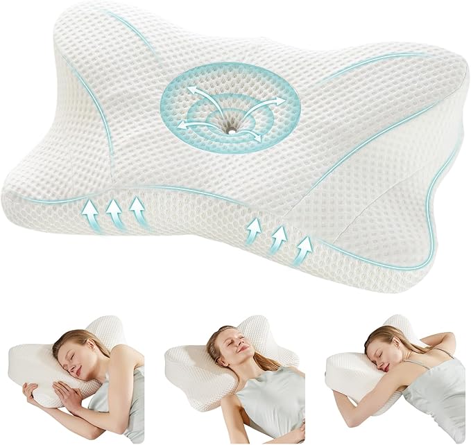 DUMOS Cervical Neck Pillow, Cooling Ergonomic Memory Foam Pillows for Neck Pain Relief with Breathable Pillowcase, Dual Height Orthopedic Support Contour Pillow for Side, Back, Stomach Sleepers, White
