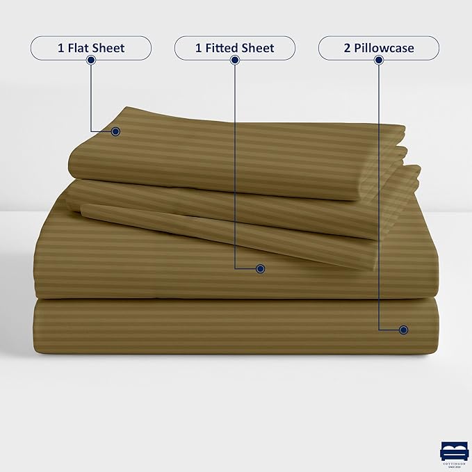 Taupe Stripe Folding Guest Bed Set - 1 Fitted Sheet 33"x75", 1 Flat Sheet 64"x94", 2 Pillow Cases 20"x30" Perfect for Cot, Rollaway Beds