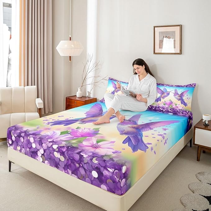 Hummingbird Kids Full Size Fitted Sheet,Lilac Flower Spring Dreamy Room Decor,Vintage Floral Animal Boys Girls Bed Sheets,Purple Blue Bedding Set,2 Pillowcases(No Flat)