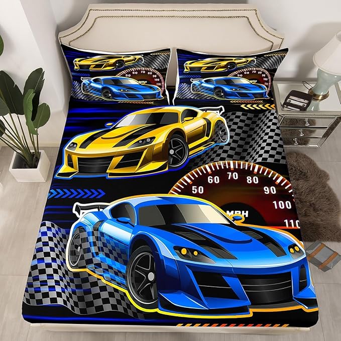 Street Art Style Bedding Set Full Size,Racing Theme Fitted Sheet,Race Car Sheet Set for Kids Teens Adults Bedroom Decor,2 Pillowcases