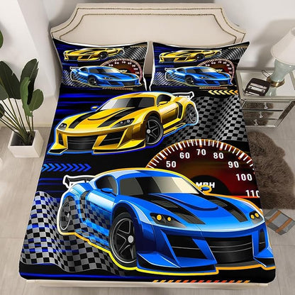 Street Art Style Bedding Set Full Size,Racing Theme Fitted Sheet,Race Car Sheet Set for Kids Teens Adults Bedroom Decor,2 Pillowcases