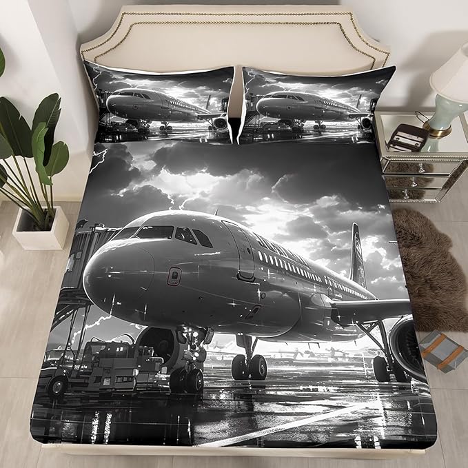 Airplane Fitted Sheet Set King Size 4 Pcs,Aviation Plane Aircraft Modern Teens Sheets,3D Print Lightning Sky Print Gray Bedding Sets (1 Fitted,1 Flat,2 Pillowcases)