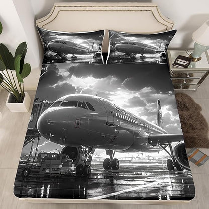 Airplane Fitted Sheet Set King Size 4 Pcs,Aviation Plane Aircraft Modern Teens Sheets,3D Print Lightning Sky Print Gray Bedding Sets (1 Fitted,1 Flat,2 Pillowcases)