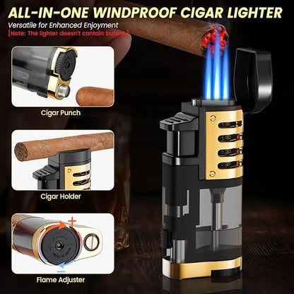 Travel Cigar Humidor Set with Torch Cigar Lighter, V Cigar Cutter, Cigar Ashtray, Cigar Holder, Humidifier & Hygrometer, Portable Travel Cigar Case with Cigar Accessories Kit, Cigar Gifts for Men