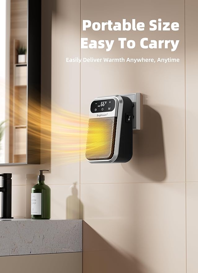 Brightown 800W Plug in Heater with Remote - Outlet Space Heater with Touch LED Display, Small Electric Wall Heaters for Indoor Use with Adjustable Thermostat and 12H Timer for Bathroom Office Bedroom