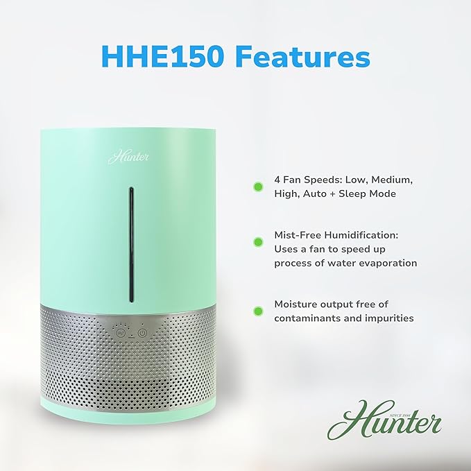 HHE150 Hunter Aspire 4.8L Evaporative Humidifier with PermaWick Filter (4.8L) - Remove Contaminants & White Dust for Clean Mist & Air – Medium Humidifier for Home, Bedroom, or Dorm - Aqua