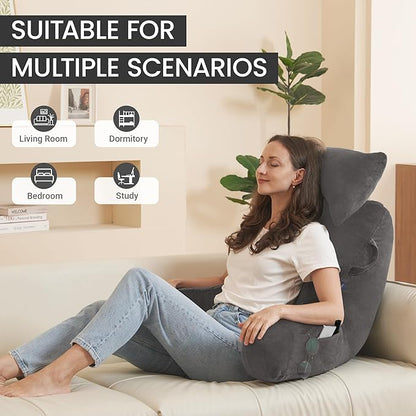 Portable Reading Pillows with Headrest for Bed Sitting Up(Light Grey Oeko-Tex), Velvet Back Pillow with Arms & Pockets for Adults, Support Memory Foam Bed Pillow for Dorm/Watching/Gaming