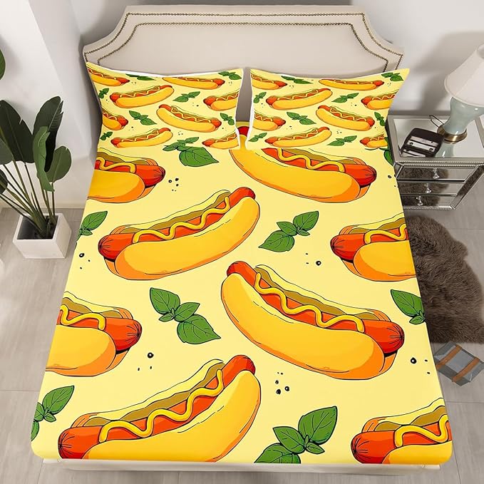 Manfei Fast Food Sheet Set King Size, American Cartoon Hot Dog Hamburg Bed Sheet Set 4pcs (Fitted Sheet, Flat Sheet, 2 Pillowcases), Creative Yellow Bedding Set for Kids Boys Girls Room Decor