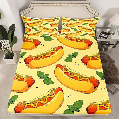 Manfei Fast Food Sheet Set King Size, American Cartoon Hot Dog Hamburg Bed Sheet Set 4pcs (Fitted Sheet, Flat Sheet, 2 Pillowcases), Creative Yellow Bedding Set for Kids Boys Girls Room Decor