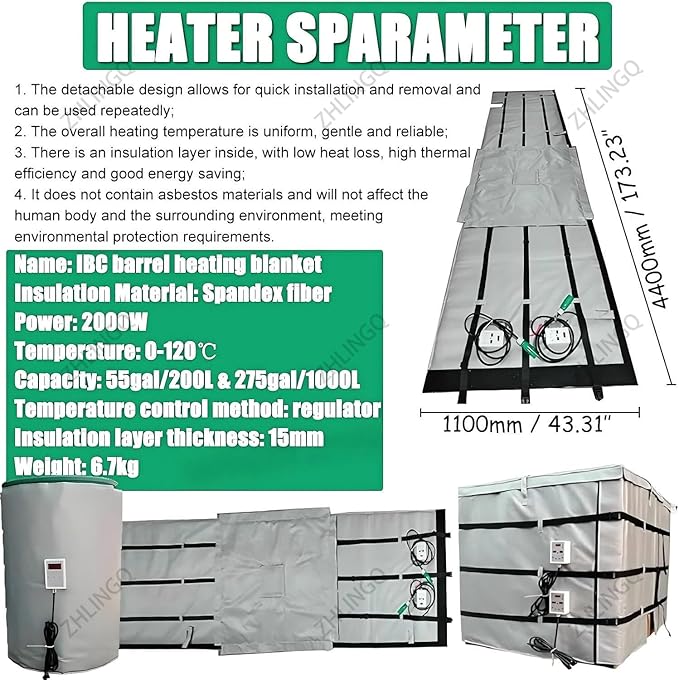 IBC Tote Heater Blanket, IBC Container Heater, IBC Tote Freeze Protection, Smart Temperature Control up to 150°C, IBC Tote Blanket with Thermostat, Barrel Heating Equipment Black-275Gallon/1000L