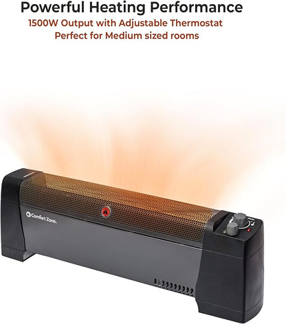 Comfort Zone 1500W Convection Baseboard Heater – Silent Portable Electric Space Heater with Adjustable Thermostat, 2 Heat Settings & Safety Tip-Over Switch – Black