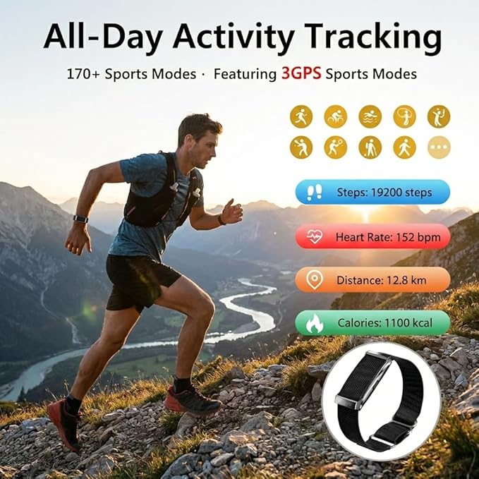 Smart Bracelet for Men Women, Health Activity Fitness Trackers, 24/7 Continuous Heart Rate/Blood Pressure/HRV/Stress Monitor, 24H Sleep Tracker, 170+ Sports Modes Smart Wristband with Free APP 2 Bands