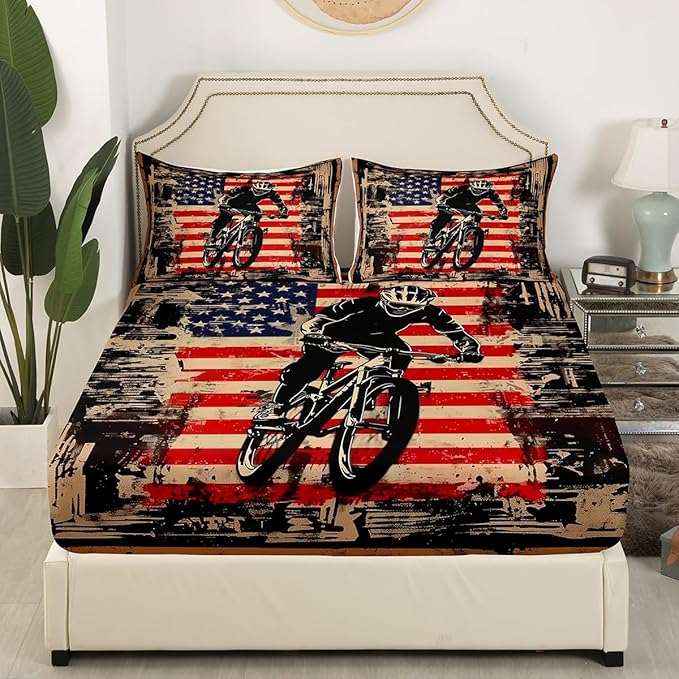 Manfei Cycling Fitted Sheet Full Size, Racing Sports Theme Bedding Set 3pcs, Bicycle Player American Flag Bed Cover with 2 Pillowcases, Kids Boys Teens Room Decor, Soft Bedding(No Top Sheet)