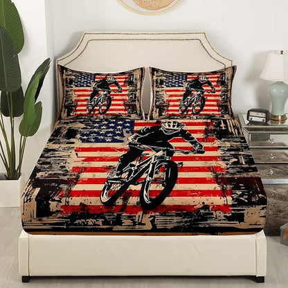 Manfei Cycling Fitted Sheet Queen Size, Racing Sports Theme Bedding Set 3pcs, Bicycle Player American Flag Bed Cover with 2 Pillowcases, Kids Boys Teens Room Decor, Soft Bedding(No Top Sheet)