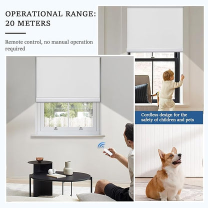 Grandekor Motorized Blinds with Remote Control, Blackout Roller Shade Electric Shades Cordless Smart Blinds for Bedroom Living Room Office,White,W25xH72