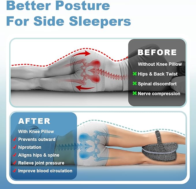 Knee Pillow for Side Sleepers, Leg Pillow for Sleeping, Knee Pillow with Strap, Alignment Pillow Between Legs, Suitable for Relieving Leg, Back & Knee Pain, Machine Washable (Grey)