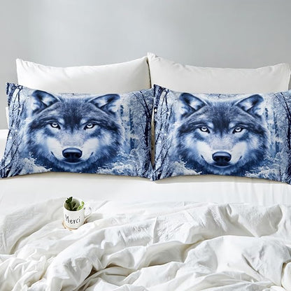 Manfei Wolf Sheet Set Full,Winter Tree Bed Sheet Set 4pcs with Deep Pocket Fitted Sheet + Flat Sheet + 2 Pillowcases Plant Animal Theme Soft Warm Bedding Set for Kids Teenss Room Decor