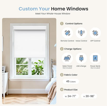 Grandekor No-Drill No Tools Motorized Blinds with Remote | Electric Blackout Smart Roller Shade/APP/Voice Control-for Home Office, Living Room, Customize Color Size