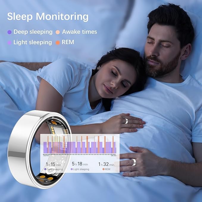 Ring Health Tracker for Women Men, Fit Ring with Heart Rate, Blood Oxygen, Sleep Monitor, Calories, Step Counter, IP68 Waterproof Smart Ring for iPhone & Android, No Subscription Fee (Silver, 11#)