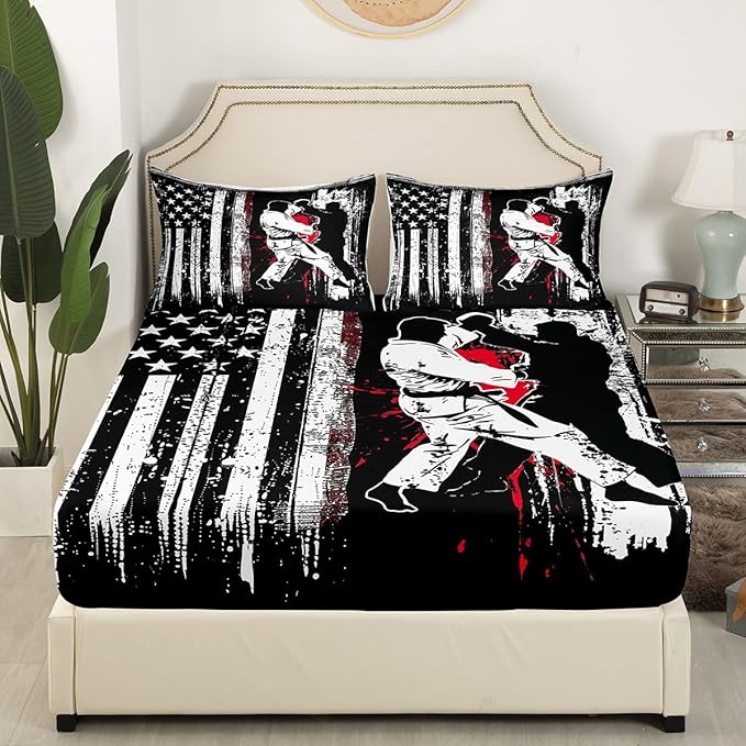 Manfei Jiujitsu Fitted Sheet Full Size, American Flag Print Bedding Set 3pcs, Japanese Judo Sports Bed Cover with 2 Pillowcases, Kids Boys Teens Adults Room Decor, Soft Bedding(No Top Sheet)
