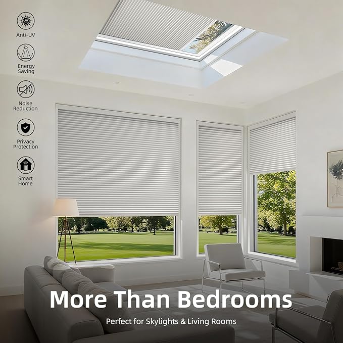 ZSTARR Motorized Skylight Shades Blackout Cellular Honeycomb Electric Blinds with Solar Panel Cordless Rechargeable with Remote for Roof and Slanted Windows Custom Size (Black Out White)