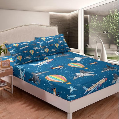 Aircraft Fitted Bottom Sheet Full Size,Cartoon Airplane Hot Air Balloon Sheet Set Soft Polyester Bedding,Glittering Galaxy Sky Bed Cover(1 Fitted Sheet+2 Pillow Cases)