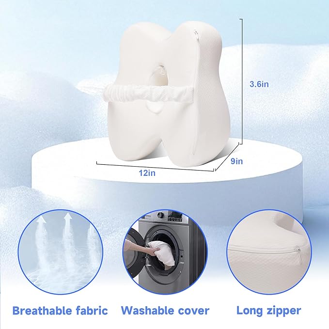 Knee Pillow for Side Sleepers Memory Foam Sciatica Pain Relief Leg Pillow, Removable Breathable Cover & Elastic Strap White