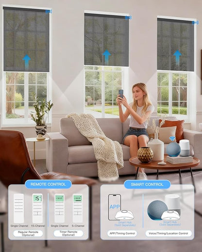 Motorized Solar Roller Shades with Remote Control, Light Filtering Smart Blinds for Windows Work with Alexa Google via Hub, Rechargeable Electric Shade Customized Size (Fireproof Black)