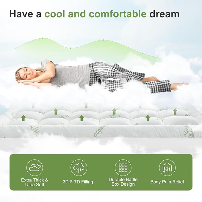 King Size Mattress Topper Viscose Derived from Bamboo, Soft Thick Pillow Top Mattress Pad Cover for Back Pain, Cooling Mattress Protector with 8-21 Inch Deep Pocket, White