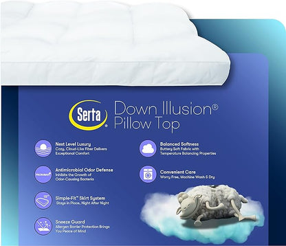 SERTA Down Illusion Soft Hypoallergenic 2 inch Pillowtop Simple Fit Mattress Topper, Queen, White