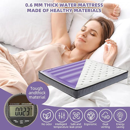 Semi Waveless Water Bed Mattress King Size (76x80 Inches) - Foldable Softside Waterbed with Smart Thermostats & Fill/Drain Kit | Soft Cover for Adults & Kids