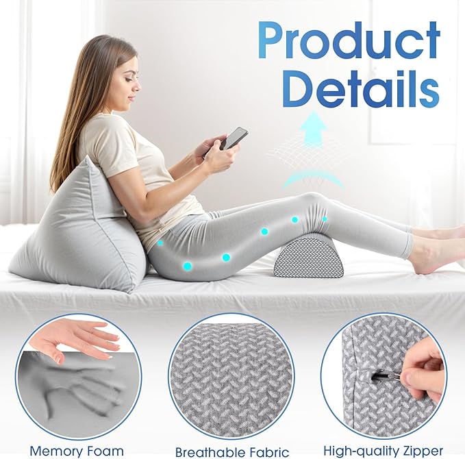 Knee Pillow for Back Sleeping Memory Foam Half Moon Bolster Pillow for Legs, Under Knee Support, Ankle & Foot Comfort Orthopedic Pillow for Side Sleepers (Grey, 20.4" x 8" x 4.9")